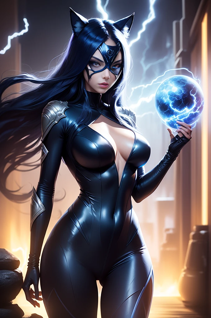 4K UHD illustration, upscaled professional drawing HDR, from DC comics in dynamic pose, full body image (:1.8) stunningly beautiful fox-girl, intense sapphire blue eyes, eyebrows sun-kissed skin tone, detailed Catwoman-inspired mask, gloss black form-fitting full-length bodysuit, full lips, lips parted looking into the camera, glowing lightning in background, swirling mist emanating from fingertips, abandoned dojo background, detailed nighttime, thunderstorm atmosphere, glowing sapphire blue eyes emitting an eerie spectral glow, indigo lightning thunderstorm in the background, 300dpi, masterpiece style, painting style, stroke style in a dark background, watercolor, charcoal, pen & ink, t-shirt design style, aesthetic for T-shirt design, dark tone.