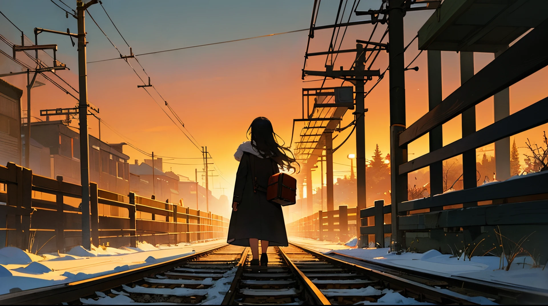 (1 girl back，Luggage，Backward train tracks, Masterpiece), High details, Nature, Artistic, Contrast,Shadows, Gorgeous, Old, Cinematic,concentrating, metal, High details, coat large, winter day, Gorgeous,  Sunset, full bodyesbian, Depth, ventania, Long hair, backs,