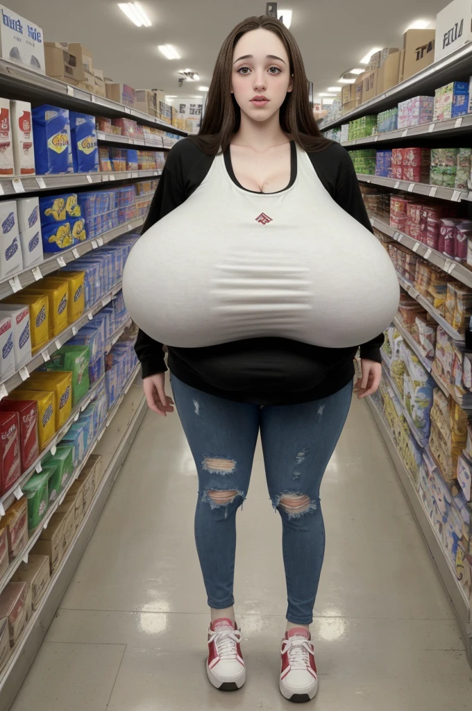18 years old, young Jewish girl, Kat Dennings, long legs, tall, narrow waist, slim thighs, (very long hair:1.2), old grocery store, store shelves, ripped sweatshirt, torn sweat pants, clothed, sneakers, (colossal breasts:1.5), (massive enormous gigantic breasts:1.5), 8k uhd, head in view
