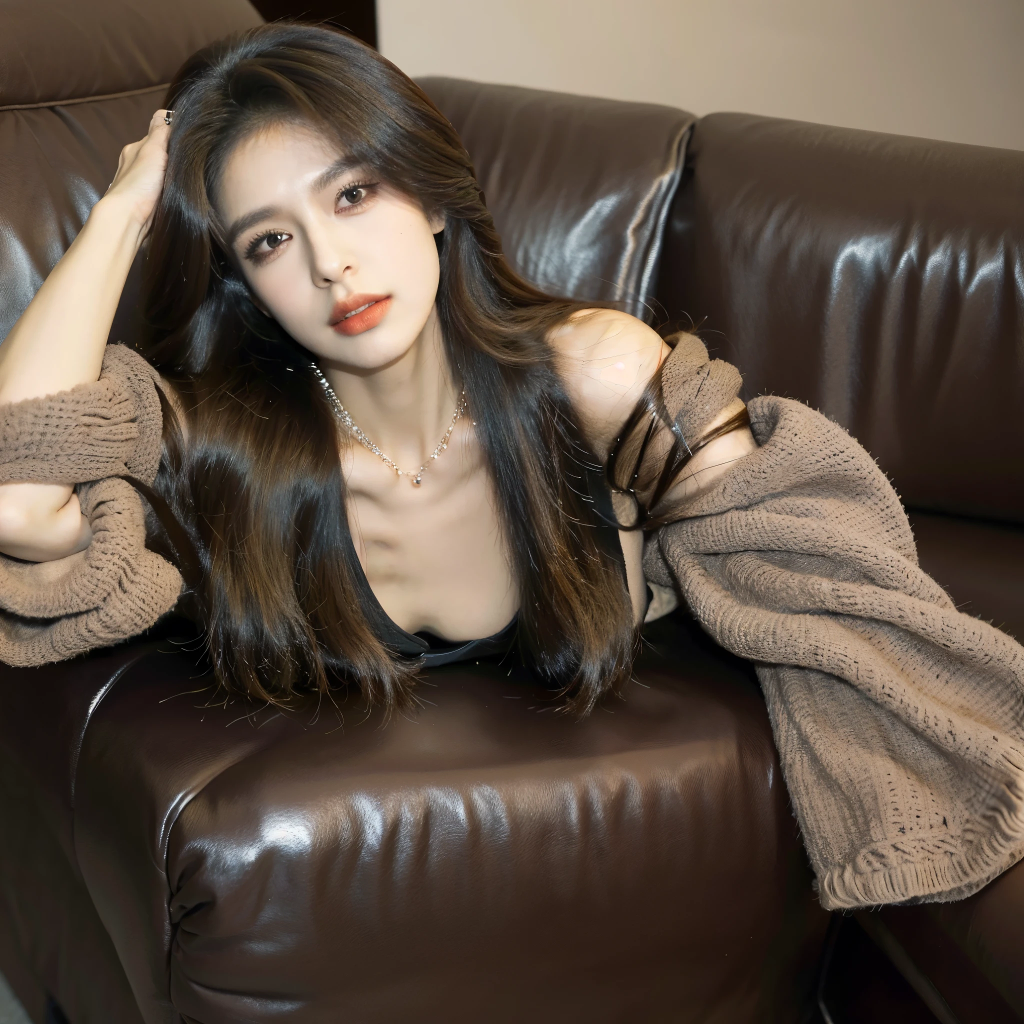 1girll,Lying on the brown leather sofa,Lazy styling,cabelos preto e longos,(Cold and glamorous:1.6),Big eyes,White color blouse,Medium chest,Overlooking the perspective,k hd,the night,There is a light source,