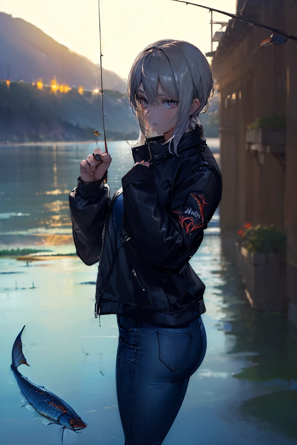 ((((Catch big fish by the lake:1.5)))),((Female 28 years old)),((Best Quality:1.5)),(((Hands with the correct number and structure of fingers:1.4))),((Big fish:1.37)),hight resolution,ultra-detailliert,masterpiece,best qualtiy,(Eight-headed body),Black hair, long eyeslashes, Solid Circle Eyes, drop shadow, Atmospheric perspective,Super Detail, ccurate, small brest,(Black jacket and black jeans :1.1),top-quality, blurry backround, bokeh dof:1.2, (masterpiece:1.3), Atmospheric perspective,Super Detail,dynamic compositions,