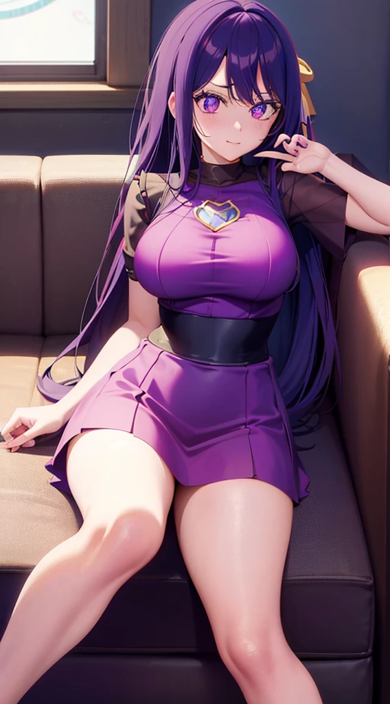 anime girl with purple hair and big breast sitting on a couch, seductive anime girl, anime moe artstyle, small curvy loli, extremely detailed artgerm, marin kitagawa fanart, beautiful alluring anime woman, range murata and artgerm, smooth anime cg art,4 k, Hoshino Ai
