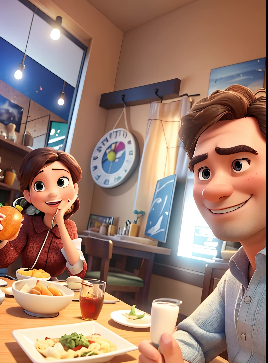 A couple having dinner together. dslr, (masterpiece), 3D image. Disney pixar picture.