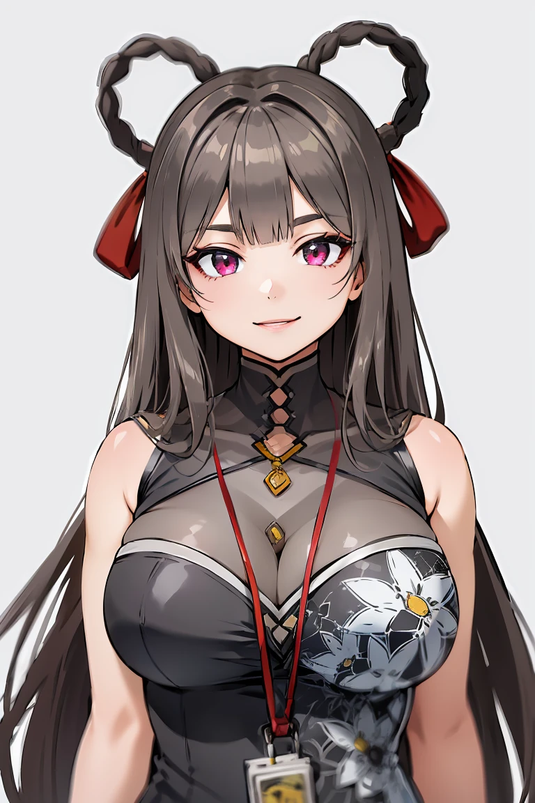 YANDEF, HAIR RINGS, HAIR RIBBON, CHINA DRESS, BLACK GLOVES, HALF GLOVES, long hair, 1girl, solo, upper body, facing viewer, looking at viewer, smile,