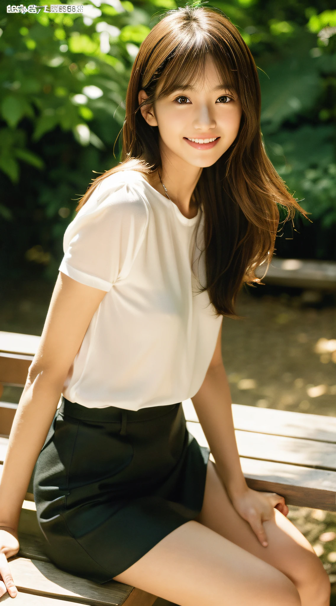 (Best Quality, masutepiece, Ultra HD: 1.3, High brightness, High color saturation), 1girl in, （middlebreasts）, light brown hair, Asymmetrical hair, straight haired, Long hair, （ slender body shape, Constricted waist）, （Ultra Fine Face）, Delicate lips, （beautidful eyes）, thin blush, eyes are brown, perfect glossy skin, View here, Smiling smile, （ hide one's hands）, （Sitting on a bench）, （thin and long legs, Thighs and toes:1.5), See-through white blouse, black enamel tight skirt, （Black stockings）, (a japanese girl, hposing Gravure Idol), Broad-leaved forest, 135 mm, Fuji Film