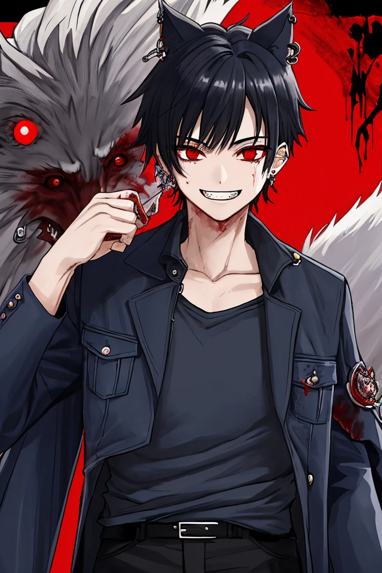 Were wolf, red eyes, black hair, six pack, bloody face, creepy smile, blue jacket, black pants, ear ring,