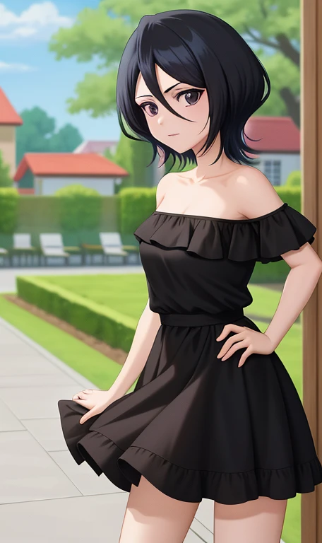 anime screencap, garden background, outside, sunny day, 1 girl, solo, hand on hip, short hair, black hair, purple eyes, black dress, Ruffle Off-the-Shoulder Top, Off-the-Shoulder Dress, Strapless black Dress, bare arms, longer skirt, bare shoulders, looking at viewer, hair between eyes, cowboy shot, lovely legs, facing viewer.