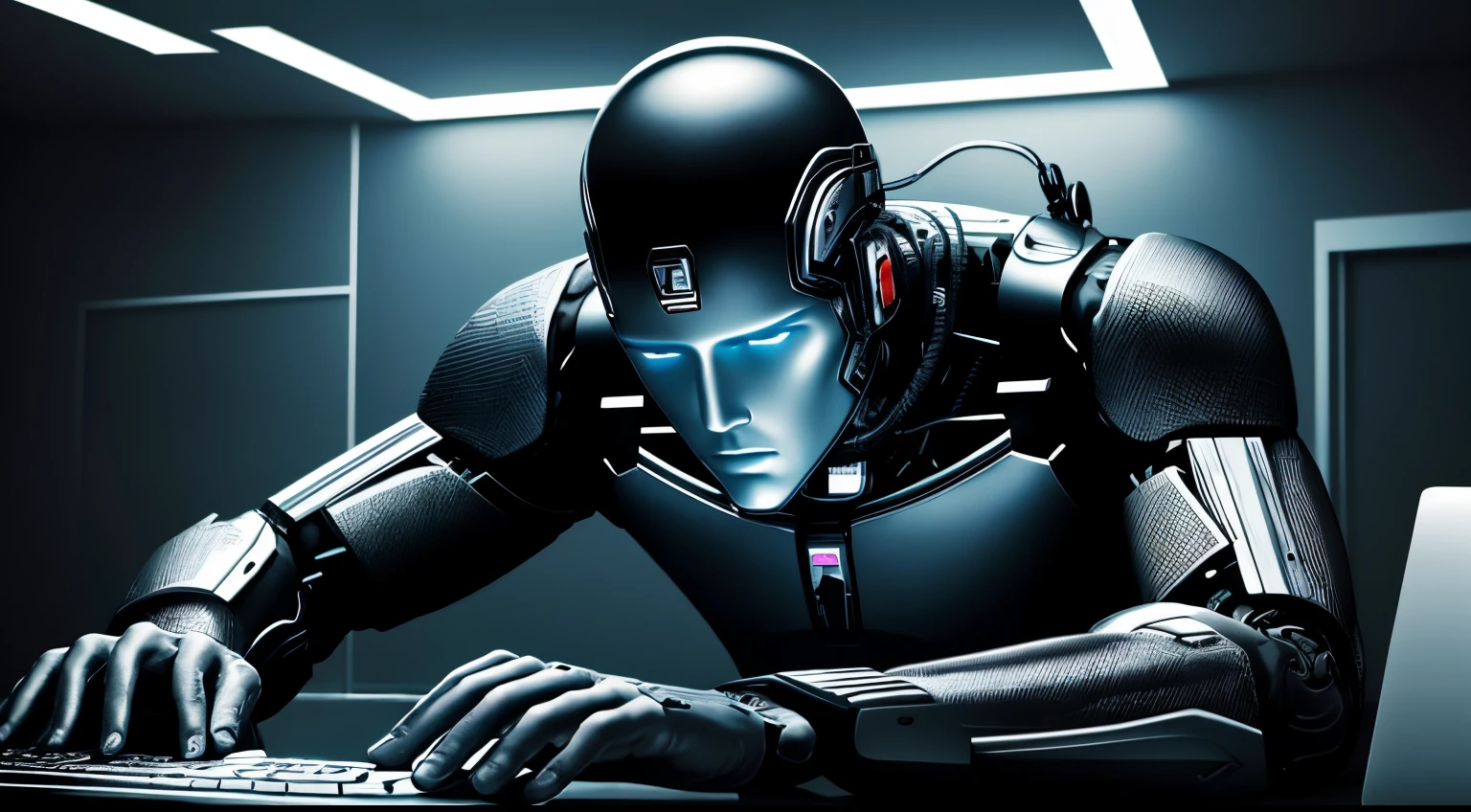 obra-prima, melhor qualidade, realista, fotorrealista, Artificial intelligence cyborg man using computer and keyboard typing technology in future, cinematic wonder, rosto detalhado, 8k, uhd, foco nítido