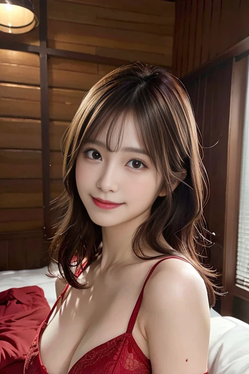 masutepiece, Best Quality, Illustration, Ultra-detailed, finely detail, hight resolution, 8K Wallpaper, Perfect dynamic composition, Beautiful detailed eyes, Red underwear, Big breasts, Natural Color Lip, Random and sexy poses,Smile,Bedrooms、Looking at the camera、A 23-year-old girl、Emphasizes cleavage