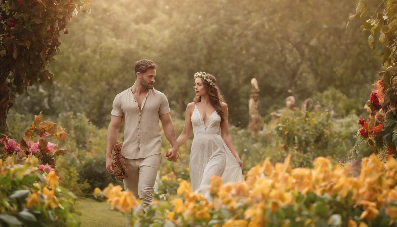 Adam and eve in the Garden of Eden dressed in animals cloths, a very beautiful place filled with flowers and tress