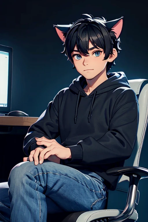 cat ears instead of regular ears, 30 years old, sitting in a gaming chair, male, wearing blue long jeans and a black hoodie, beard, black short hair, computer screens in the background