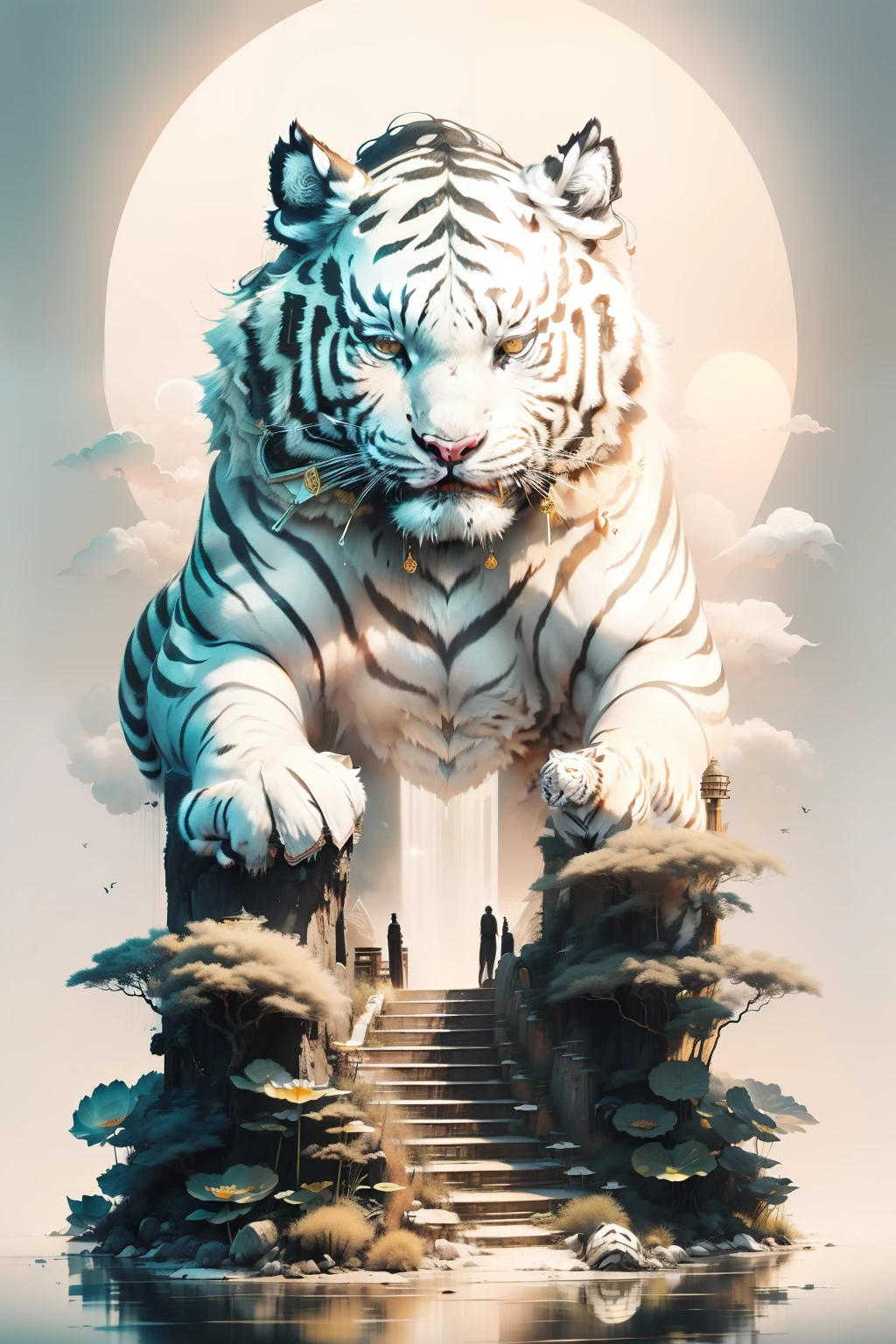 (Sunlight shines:1.2),(1 white tiger:1.4),(There is a big Buddha behind:1.3),(Stepping on lotus:1.2),in heaven,Nasturtium blooms in the clouds,Best quality at best,Oriental elements,Ink painting style,Lots of white space