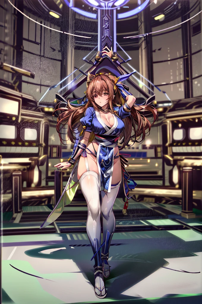 (masterpiece, best quality:1.3)
KasumiDOA, 1girl, solo, long hair, breasts, looking at viewer, bangs, large breasts, brown hair, thighhighs, dress, ribbon, cleavage, brown eyes, medium breasts, underwear, standing, panties, hair ribbon, braid, short sleeves, cowboy shot, japanese clothes, puffy sleeves, white thighhighs, puffy short sleeves, lips, sash, pelvic curtain, yellow ribbon, realistic, nose, arm guards, kote,hypnoLora,
empty eyes,Upright Pose,(Inside a futuristic and complex laboratory:1.6),(hands and feet tied to machines)