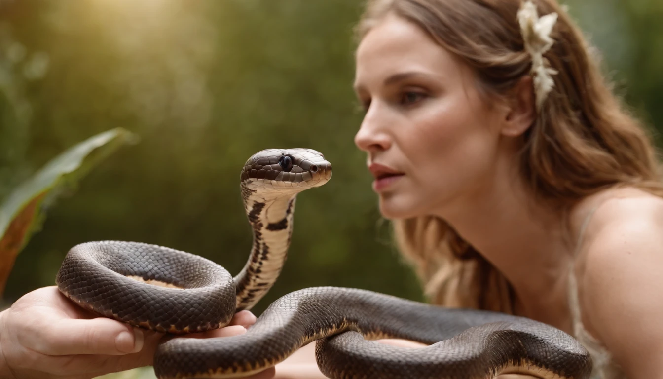 a snake telling eve a lie in the Garden of Eden dressed in animals cloths