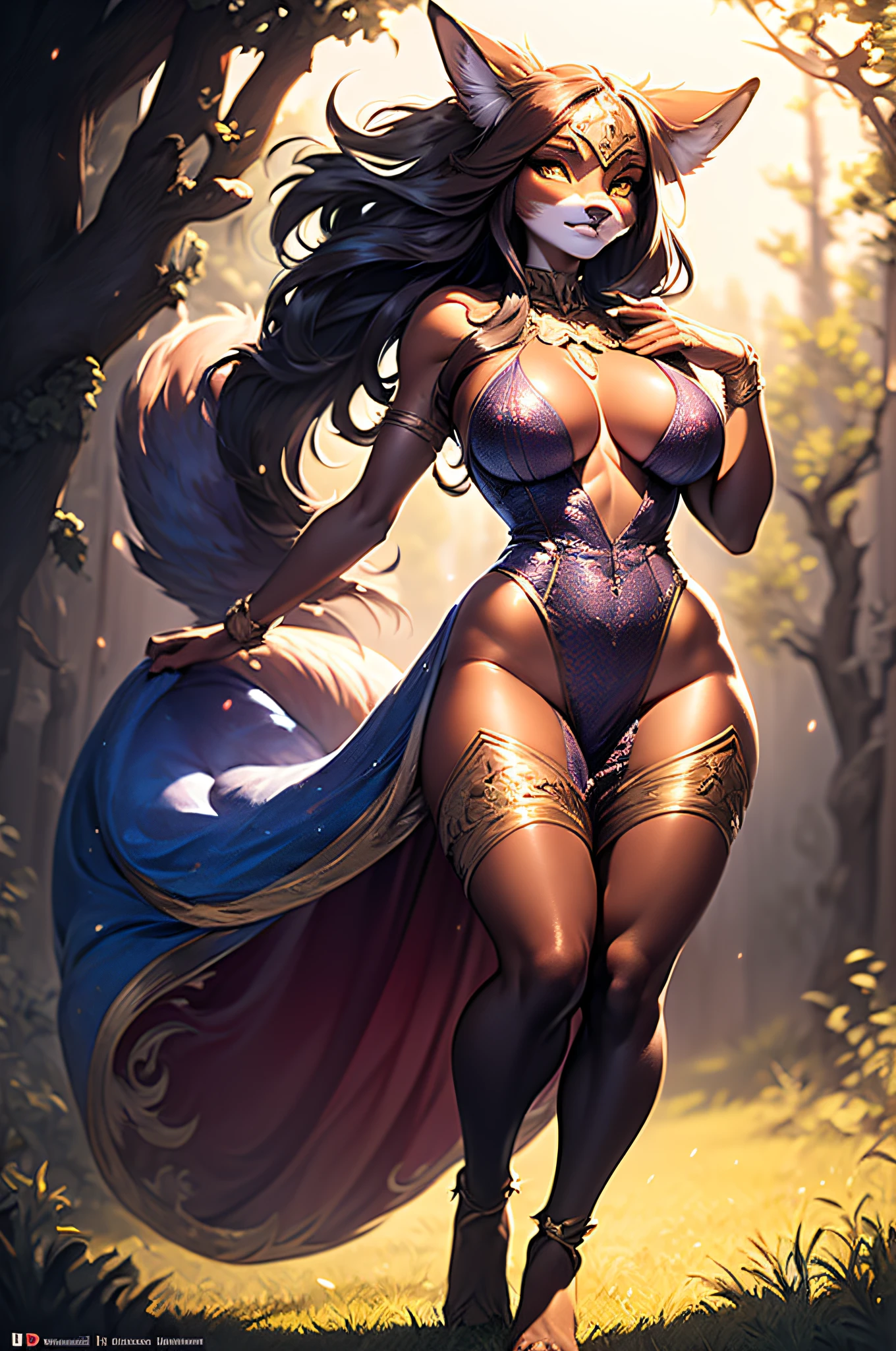 4K UHD illustration, upscaled professional drawing HDR, from DC comics in dynamic pose, full body image (:1.8) stunningly beautiful fox-girl, with vibrant amber eyes, and sun-kissed fur, detailed fox-inspired mask with hints of gold, a sleek and glossy midnight blue form-fitting full-length bodysuit with intricate gold patterns, full lips, slightly parted with a captivating gaze looking into the camera, glowing fire-like embers in the background, swirling wisps of golden mist emanating from her fingertips, mystical forest backdrop with moonlight filtering through the trees, detailed nighttime setting with a serene, magical atmosphere, glowing amber eyes emitting an enchanting spectral glow, golden embers flickering in the moonlit forest, 300dpi, masterpiece style, painting style, stroke style in a dark background, watercolor, charcoal, pen & ink, t-shirt design style, aesthetic for T-shirt design, mystical and enchanting tone