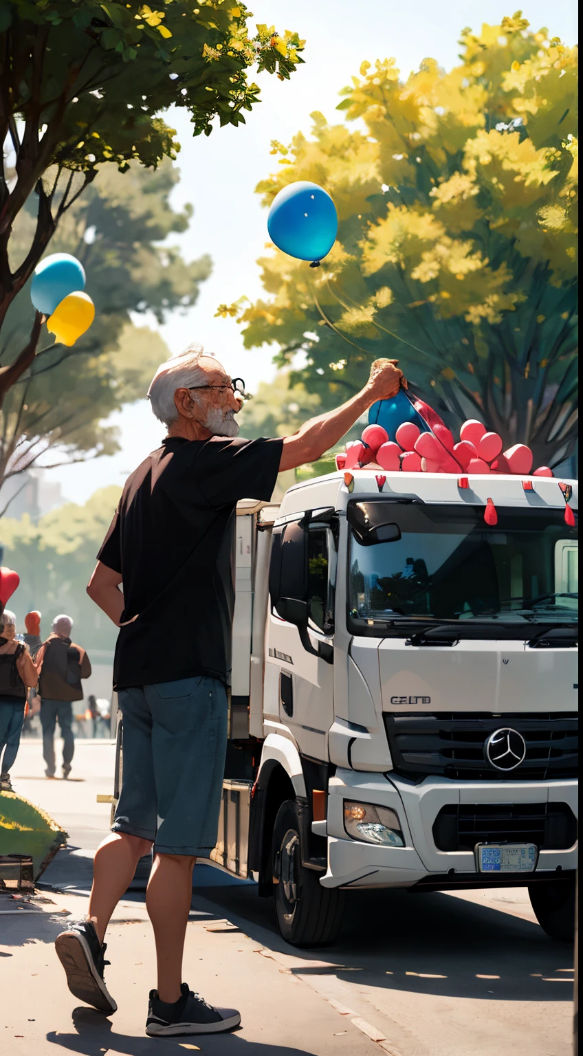 ultra - detailed, In the park，An old man selling balloons from a truck，A group of small children，child buying balloons