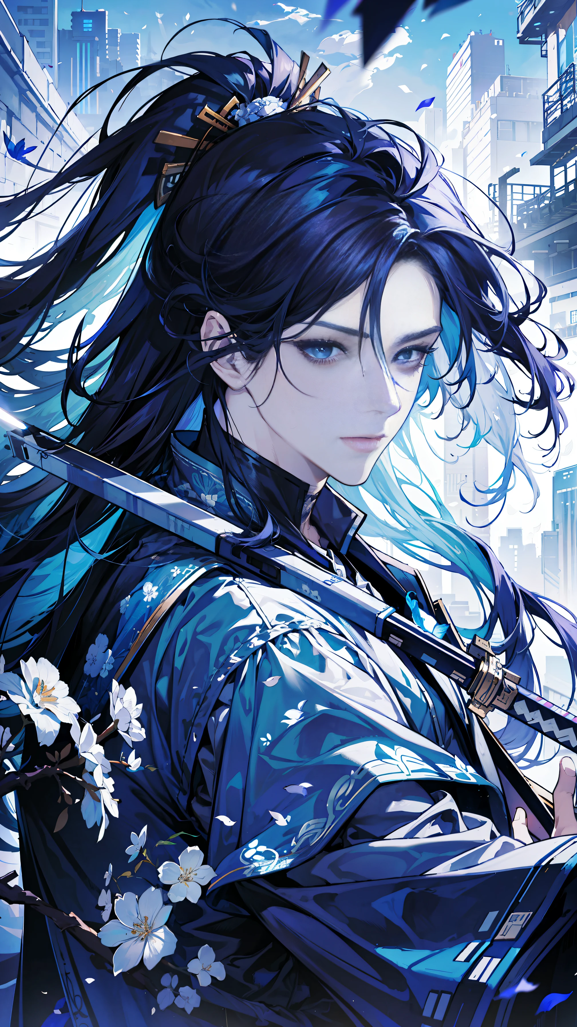 Blue-purple style, looking at you, good eyes, messy hair, broken hair, long hair, chivalry, very beautiful cyberpunk digital artwork, male focus, handsome, heroic and sassy, beautiful man, wearing a blue and white kimono, long sword on the shoulder, chivalric style, high-quality detail depiction, blurred background and soft light set off, middle side shooting, middle side perspective, pattern decorations and accessories, broken flowers and flying flowers, rich fog surrounding, light and shadow change extremely exquisite. Anime style 4k wallpaper.