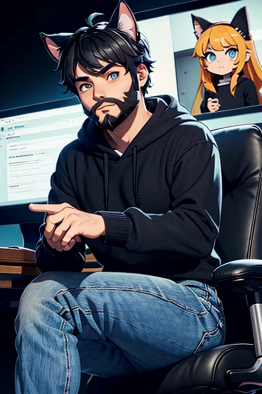 cat ears instead of regular ears, 30 years old, sitting in a gaming chair, male, wearing blue long jeans and a black hoodie, really thick beard, black short hair, computer screens in the background