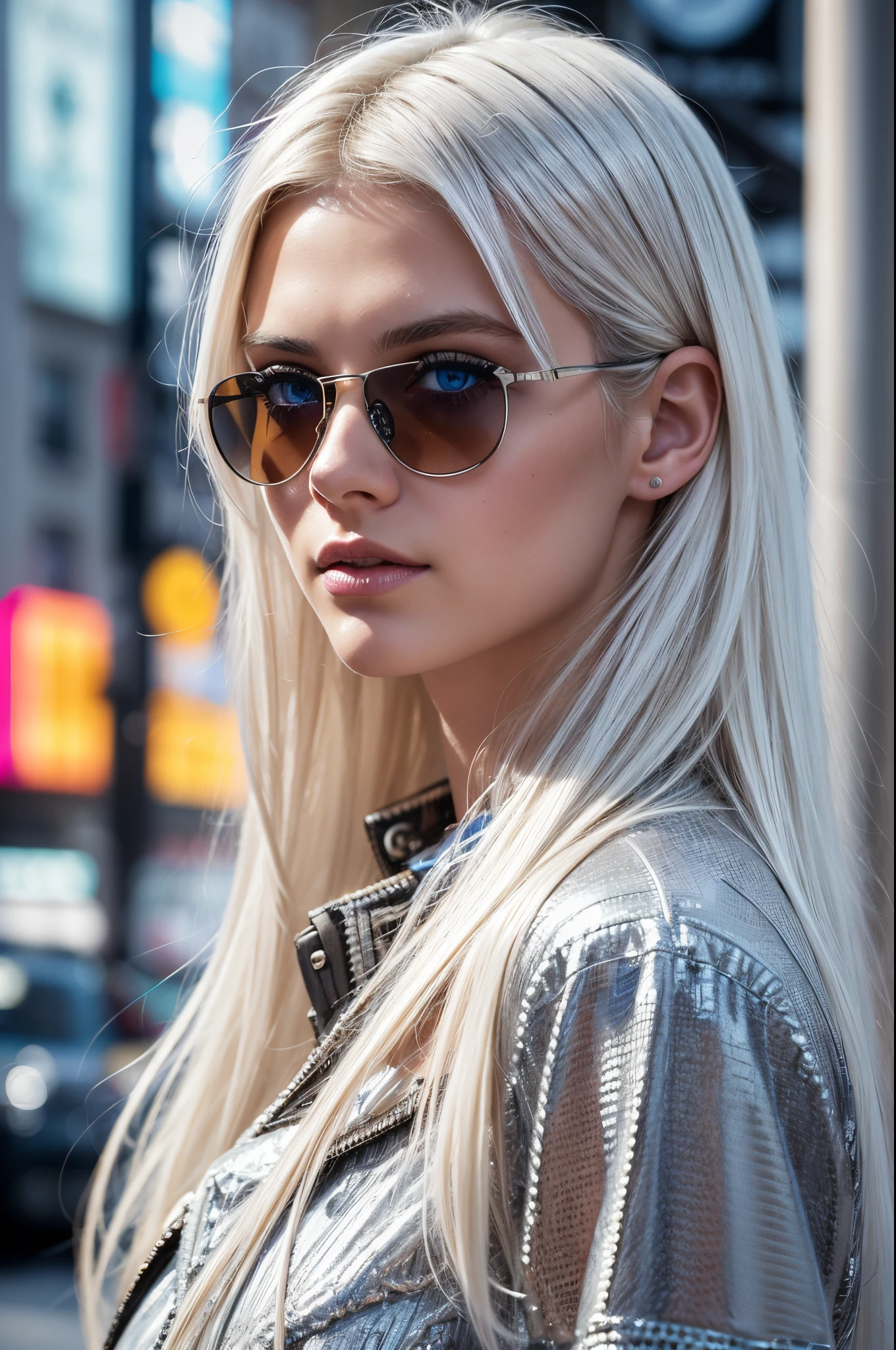 White hair, White hair, glowing hair, Detailed hair, Messy hair, Blue Eyes, beautidful eyes, extremely detailed eyes and face, Beautiful detailed eyes, Ultra-detailed, light on the face, Fair skin, a 18 year old girl, Arafe(Arafe) Swedish female model walking down a busy city street in a dress.., Fashion model ratio, sunglasses that shed tears, digital art, In Paris, standing in paris, Street photography in 4x5 style, Street Photography, street photography style, Filmed with Hasselblad, Filmed in Hasselblad, ((Anamorphic lenses)), (lens flares), chanel advertising, In Times Square, Street Photography, Street Photography, kodak 400tx, mesmerizing, (Low Key), (Telegraph view:1.4)