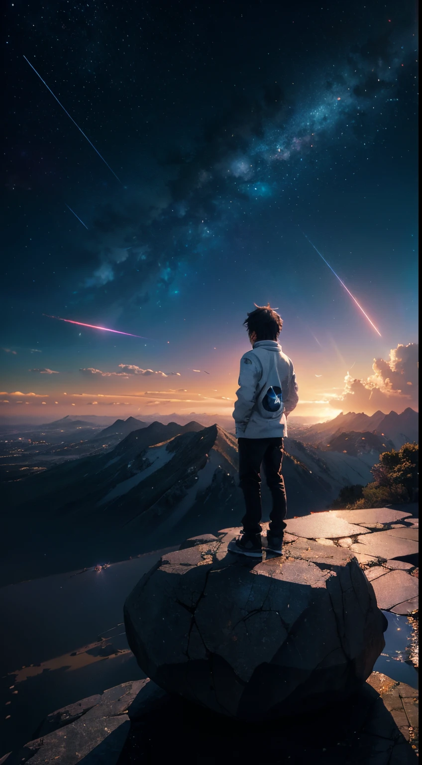 anime boy standing on a rock looking at a star filled sky, makoto shinkai cyril rolando, anime art wallpaper 4k, anime art wallpaper 4 k, anime art wallpaper 8 k, cosmic skies. by makoto shinkai, inspired by Cyril Rolando, in the style dan mumford artwork, amazing wallpaper, by Yuumei, white hair