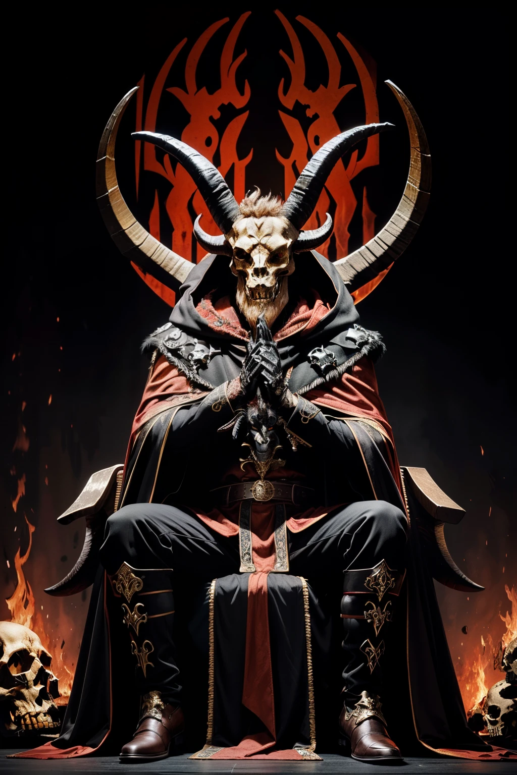 The Devil, Baphomet(bulky head: brown goat head with long horns), sitting, (throne: made of skulls, skulls with horns), lava flowing, (clothe: thin black and red cloak), crossed legs, red ambience, dark, evil, real bulky huge goat head,