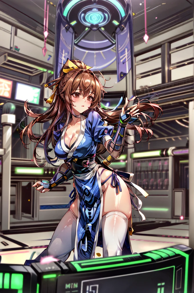 (masterpiece, best quality:1.3)
KasumiDOA, 1girl, solo, long hair, breasts, looking at viewer, bangs, large breasts, brown hair, thighhighs, dress, ribbon, cleavage, brown eyes, medium breasts, underwear, standing, panties, hair ribbon, braid, short sleeves, cowboy shot, japanese clothes, puffy sleeves, white thighhighs, puffy short sleeves, lips, sash, pelvic curtain, yellow ribbon, realistic, nose, arm guards, kote,hypnoLora,
empty eyes,Upright Pose,(Inside a futuristic and complex laboratory:1.6),