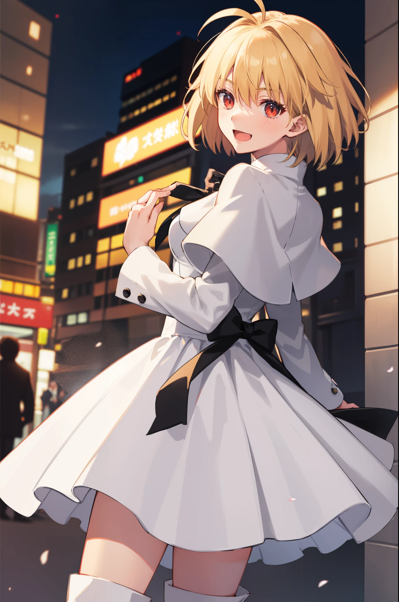 arcueid \(tsukihime\), ((1girl:1.5)), (((solo:1.5))),arms behind back, black bowtie, blush, buttons, white fur capelet, dress, fur trim, looking at viewer, open mouth, smile, solo, vampire, white dress, bokeh, long sleeves, :d, blurry, blurry background, boots, thigh boots, arcueid \(coat\), 2hands, accurate fingers, loish hands, extreme hand detail, normal hands, accurate hands, 2thumb,