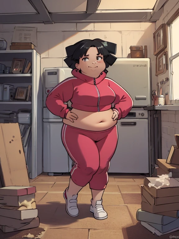 ((masterpiece, Highest Quality)), obese amy wong, black hair, wearing a pink track suit, visible navel, black eyes, farting, fat arms, fat belly, fat neck, big and fat face, big cheeks, extra thick thighs
standing, hands on hips, looking at viewer, smiling, sexy pose, fart, 
indoors, empty warehouse, brick walls, eating pizza 
extremely detailed, bounce lighting, clean ambiance,  HDR,