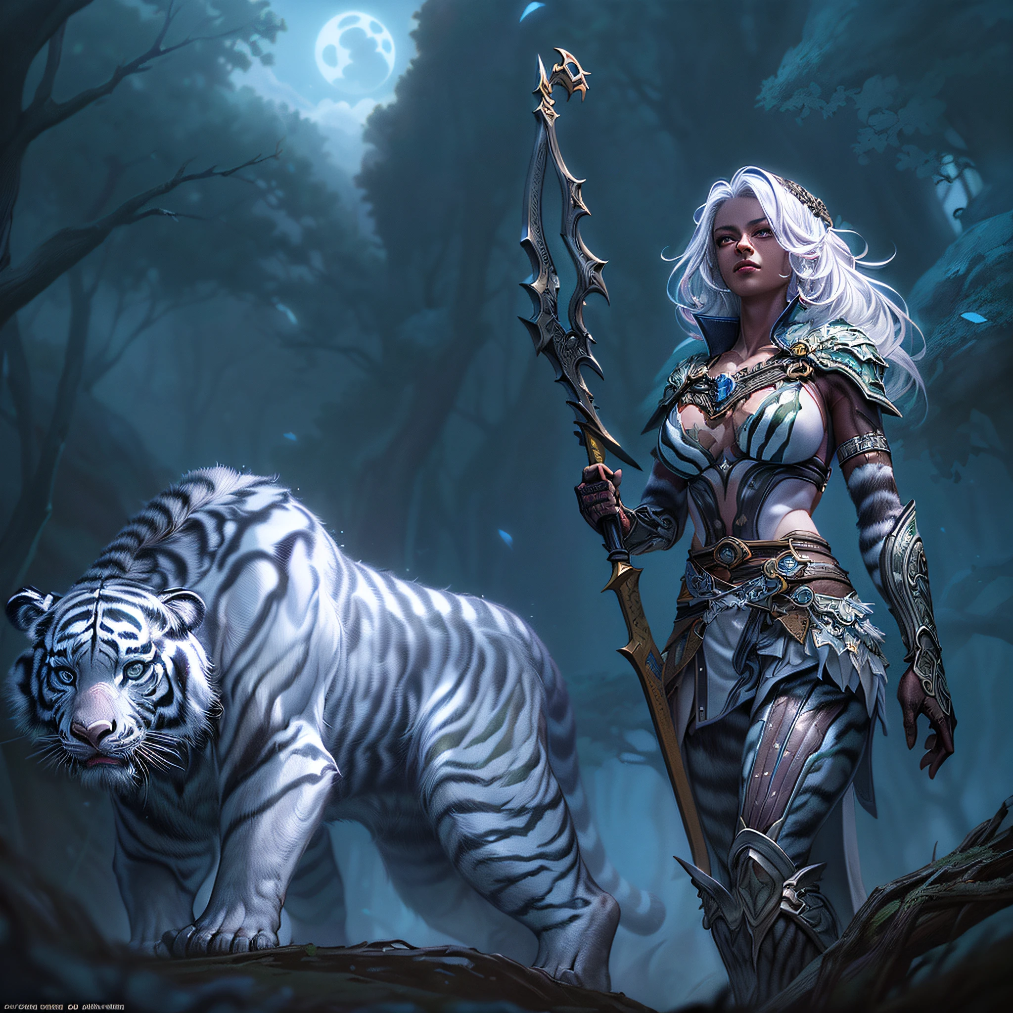 high details, best quality, 16k, [Ultra detailed], masterpiece, best quality, (extremely detailed), dynamic angle, ultra wide shot, RAW, photorealistic, fantasy art, RPG art, realistic art, a wide angle picture of an epic female drow ranger and her pet (white tiger: 1.3),  warrior of nature, fighter of nature, full body, [[anatomically correct]] full body (intricate details, Masterpiece, best quality: 1.5) talking to am epic (white tiger: 1.3) (intricate details, Masterpiece, best quality: 1.6) armed with an epic magical sword  (intricate details, Masterpiece, best quality: 1.5) epic magical sword fantasysword sword, glowing in blue light , in dark forest ( intricate details, Masterpiece, best quality: 1.4), a female beautiful epic drow wearing leather armor (intricate details, Masterpiece, best quality: 1.5), leather boots, thick hair, long hair, white hair, black skin intense eyes, forest  background (intense details), moon light, stars light, clouds (intricate details, Masterpiece, best quality: 1.5), dynamic angle, (intricate details, Masterpiece, best quality: 1.3), high details, best quality, highres, ultra wide angle