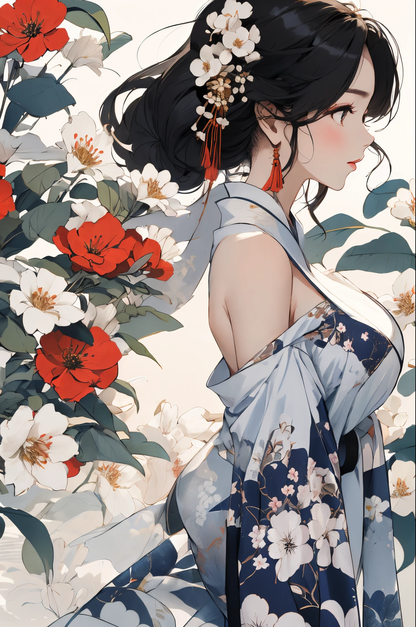 Off-the-shoulder attire，one-girl，Large breasts，maam，Hanfu，florals