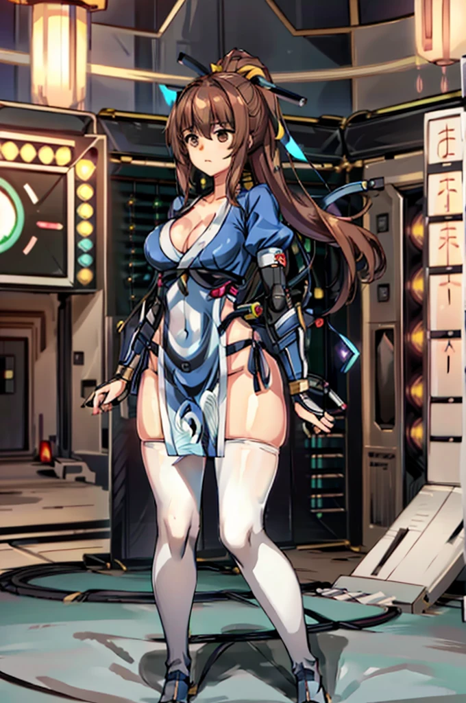 (masterpiece, best quality:1.3)
KasumiDOA, 1girl, solo, long hair, breasts, looking at viewer, bangs, large breasts, brown hair, thighhighs, dress, ribbon, cleavage, brown eyes, medium breasts, underwear, standing, panties, hair ribbon, braid, short sleeves, cowboy shot, japanese clothes, puffy sleeves, white thighhighs, puffy short sleeves, lips, sash, pelvic curtain, yellow ribbon, realistic, nose, arm guards, kote,hypnoLora,
empty eyes,Upright Pose,(Inside a futuristic and complex operational command center:1.6)