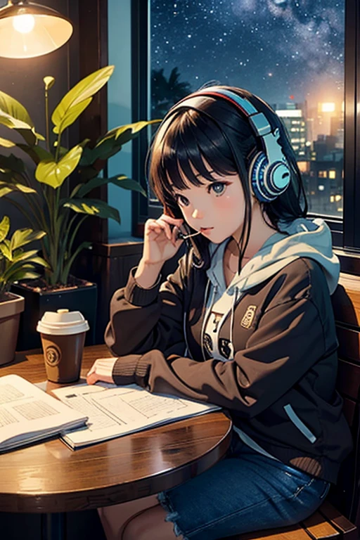 1girl, solo, sitting at a table with headphones, wearing a green hoodies , a book and a bird, lofi girl, lofi art, lofi art style, lofi feel, lofi portrait, lofi colors, lofi, lo-fi art, lofi vibes, lofi vibe, lofi hip hop, satoshi kon artstyle, lofi girl aesthetic,8k