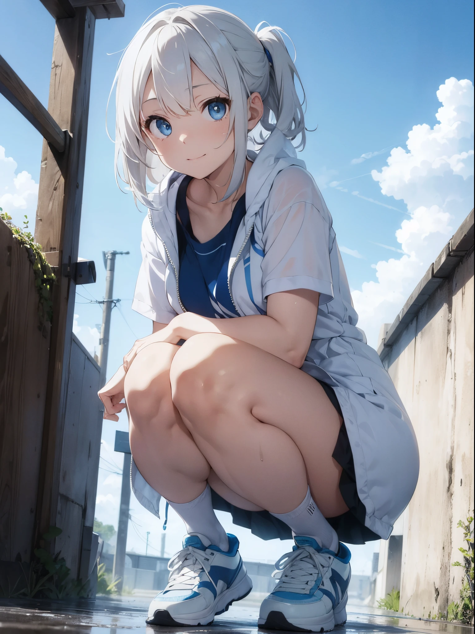 hightquality、1 Female body，Squat，Fit your body,  white short messy hair, sky-blue eyes, White coat with blue pattern，short white dress，ssmile，Athletic Sneakers ,Sateen，Wet ground，Rain on the body，foco nítido，hight resolution, ultrasharp, 8K, masutepiece,