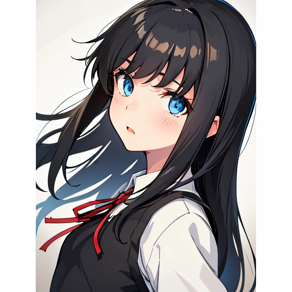 upper body, shouting, from front, black pinafore dress, short red ribbon, black hair, straight hair, half long hair, blue eyes, best eyes, best face, anime nose, anime mouth, closed anime mouths, (masterpiece, best quality:1.4), (ultra-detailed:1.2), illustration, picturesque