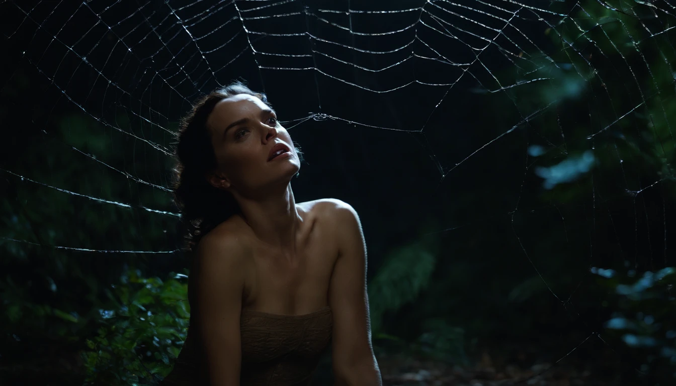 A nude daisy ridley struggles to free herself from a thigh high cocoon, she has man spider webs on her body. She is in a spiderweb filled forest on a moonlit night. She is terrified. Sow all of her body. realistic.  full body pictures, photorealistic style, photorealistic, 4k, 8k,