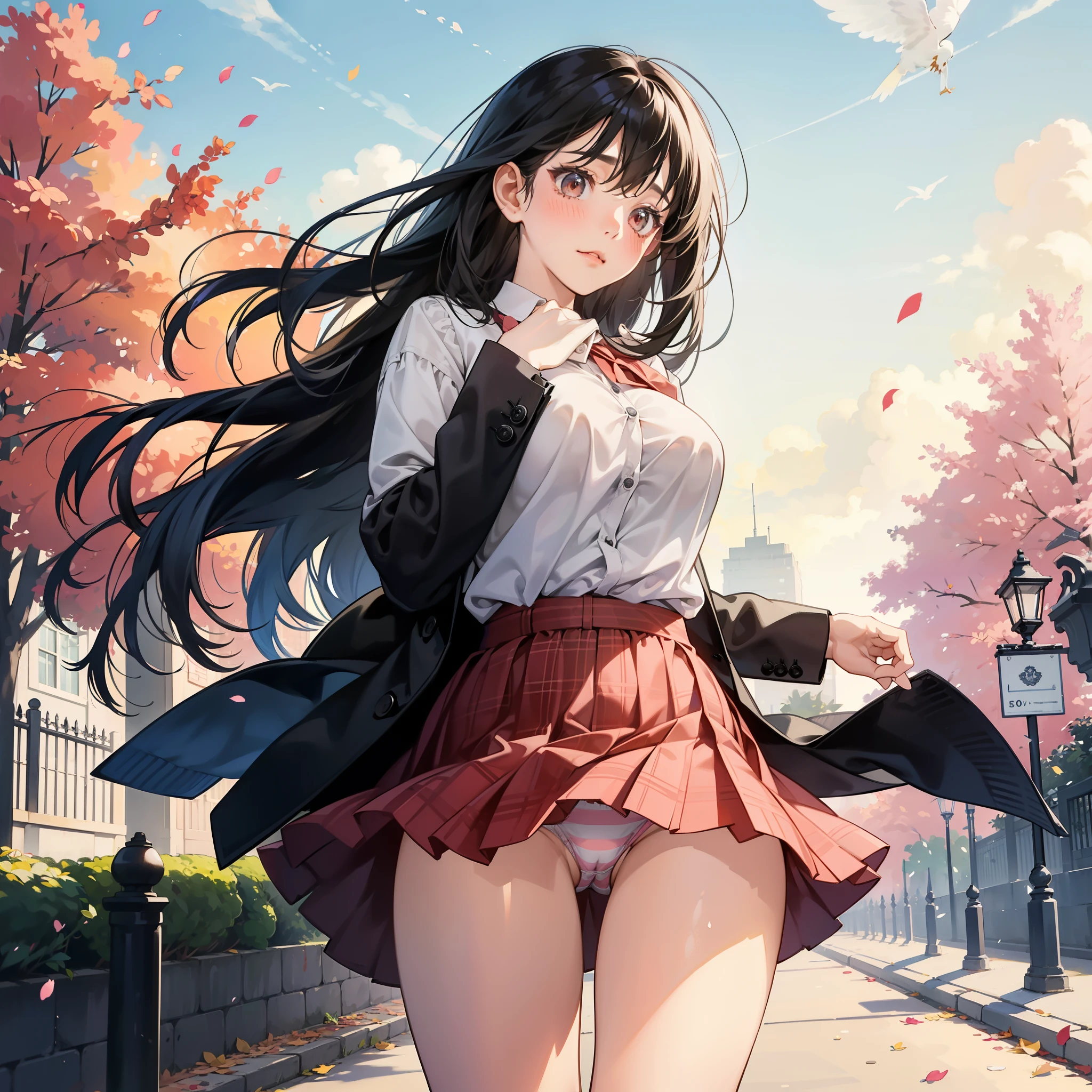 1girl in,A beautiful girl desperately tries to hide her skirt with both hands due to a cold....., But her panties were visible.,Very cute,the wind blows for a long time, Straight black hair,Embarrassed look,red blush,Accurately drawn face,Slender but big breasts,G Cup,thighs thighs thighs thighs,tre anatomically correct.perfectly proportions,Precise fingers,student clothes,Miniskirt flutters in the wind,You can see her pink striped cotton panties.,Even though it&#39;s me&#39;I desperately held down my skirt with both hands to keep it from rolling up.., my pants are still visible..,In the park in the fall,​masterpiece,Best Quality,