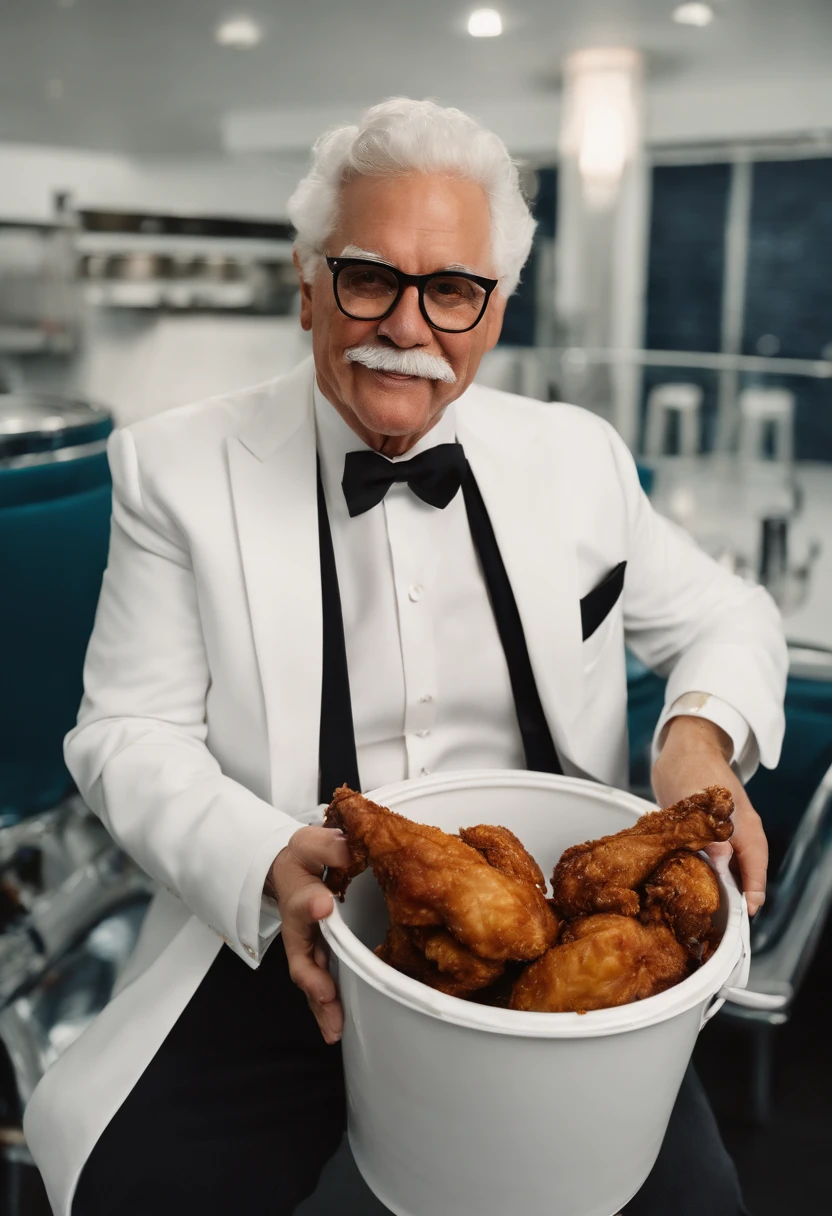 A photo of me in my signature white suit and tie, holding a bucket of freshly fried chicken,original,Colonel Sanders, male