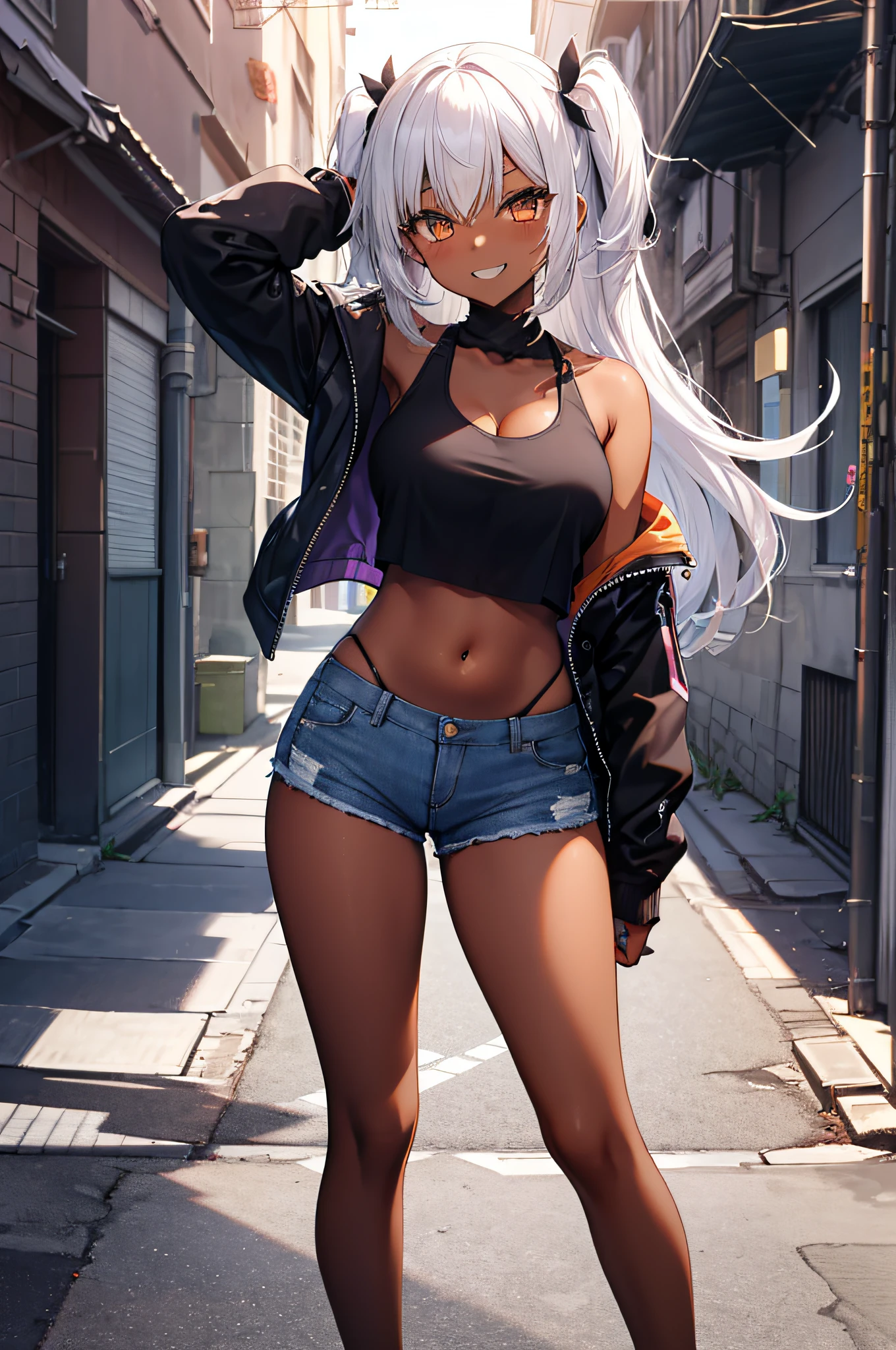 during daytime　{{{Brown skin}}},　((masutepiece)), ((Best Quality)), (Ultra-detailed), ((kawaii)), silber hair　Orange Eyes, Two side up straight hair　white tank tops　Torn and frayed blue hot pants　Exposed legs　Toothy smile　sexypose　Back alley　Buttocks, Big breasts that are about to burst, Smirk, grin, (blush), sparkling effect, Lens Flare, shiny-glistening, glossy and glamorous　Side Angle, Dark skin, Black jacket