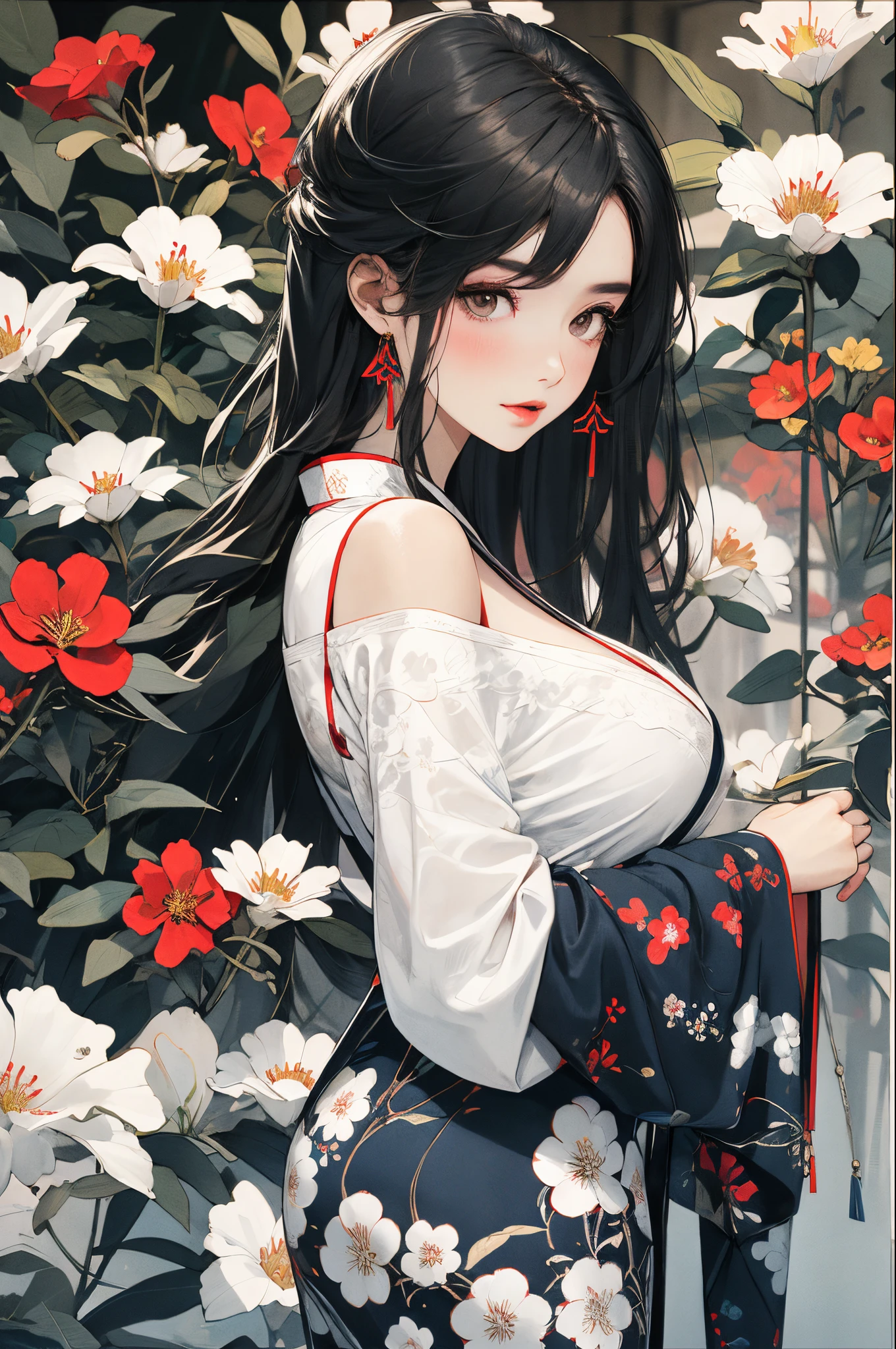 Off-the-shoulder attire，one-girl，Large breasts，maam，Hanfu，florals