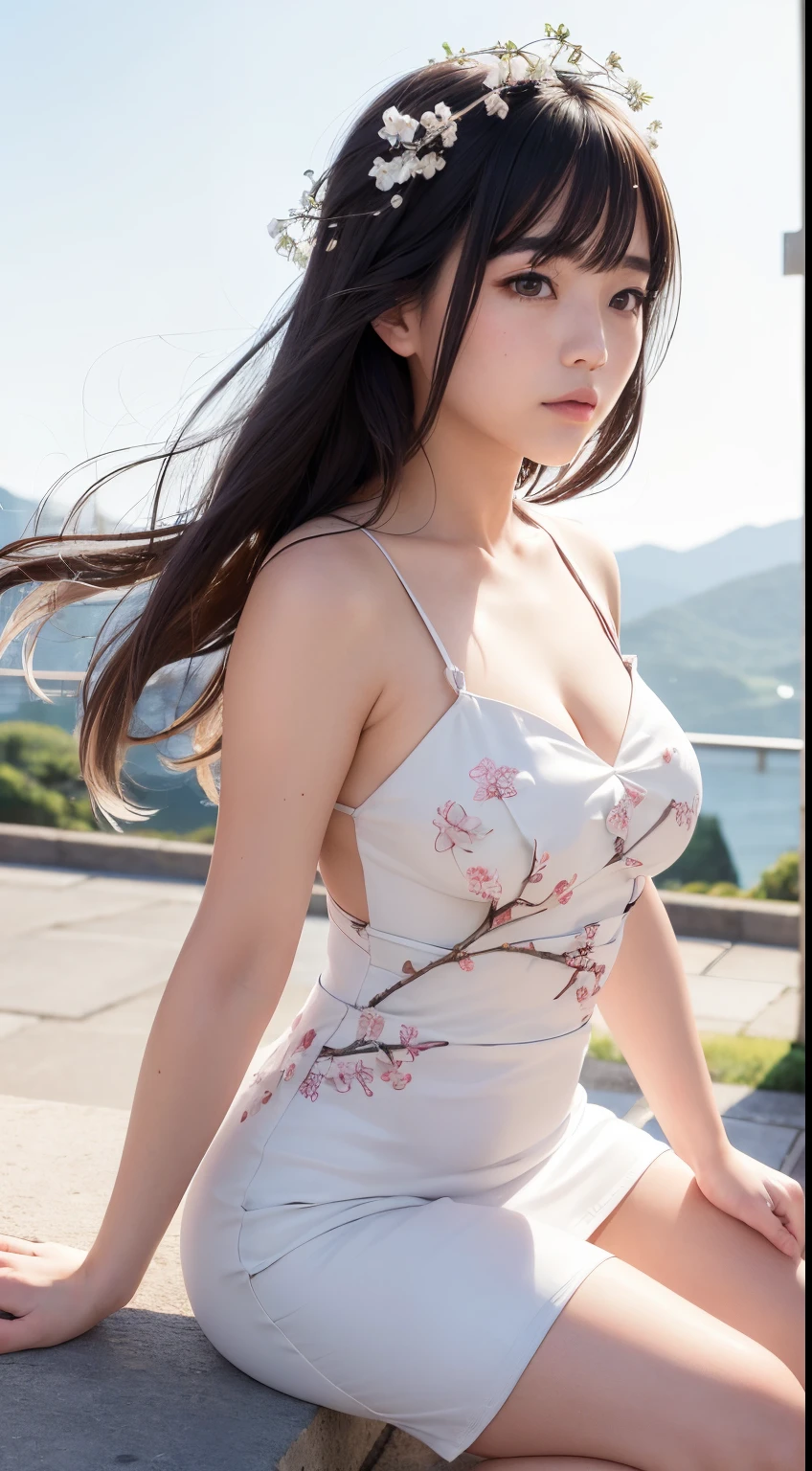 1girl, solo, waist up, look at the viewer, from the bottom, (zentangle, mandala, tangle, entangle), (flower blossom:1.2), official art, unity 8k wallpaper, ultra-detailed, aesthetic, masterpiece, best quality, photorealistic, no bra,