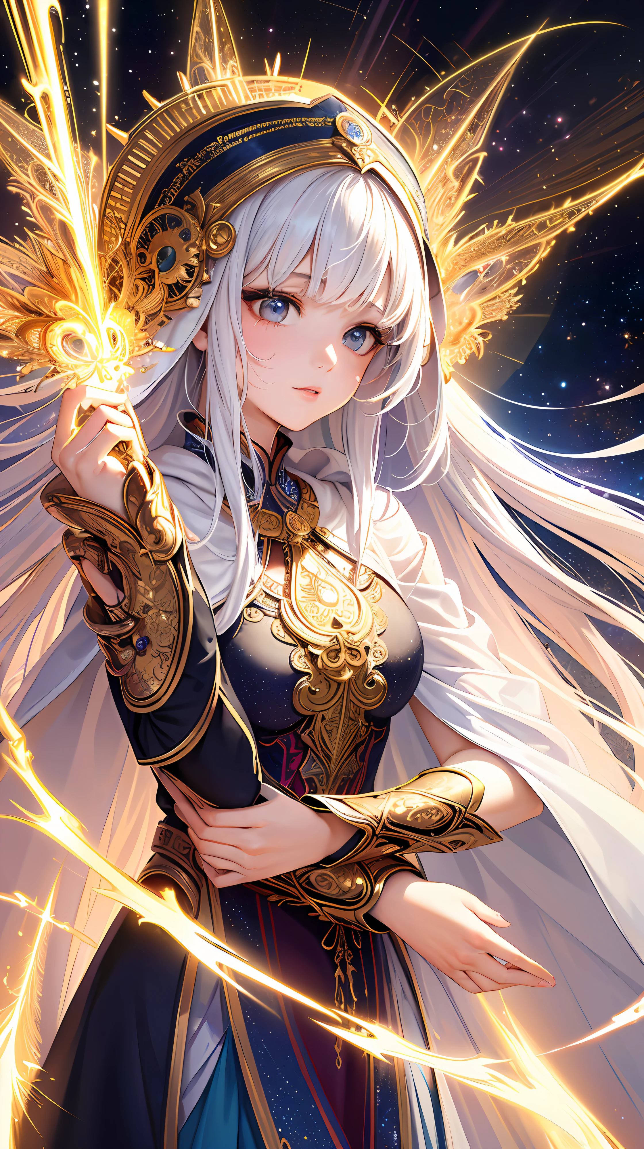 (masterpiece, top quality, best quality, official art, beautiful and aesthetic:1.2), (1girl), extreme detailed, (fractal art:1.3), colorful, highest detailed, perfect face, upper body, HDR, (praying:1.3), (white cloak golden lines:1.2), galaxy, (light streaks), striking visuals, (dynamic streaks, luminous trails:1.2), vibrant colors,