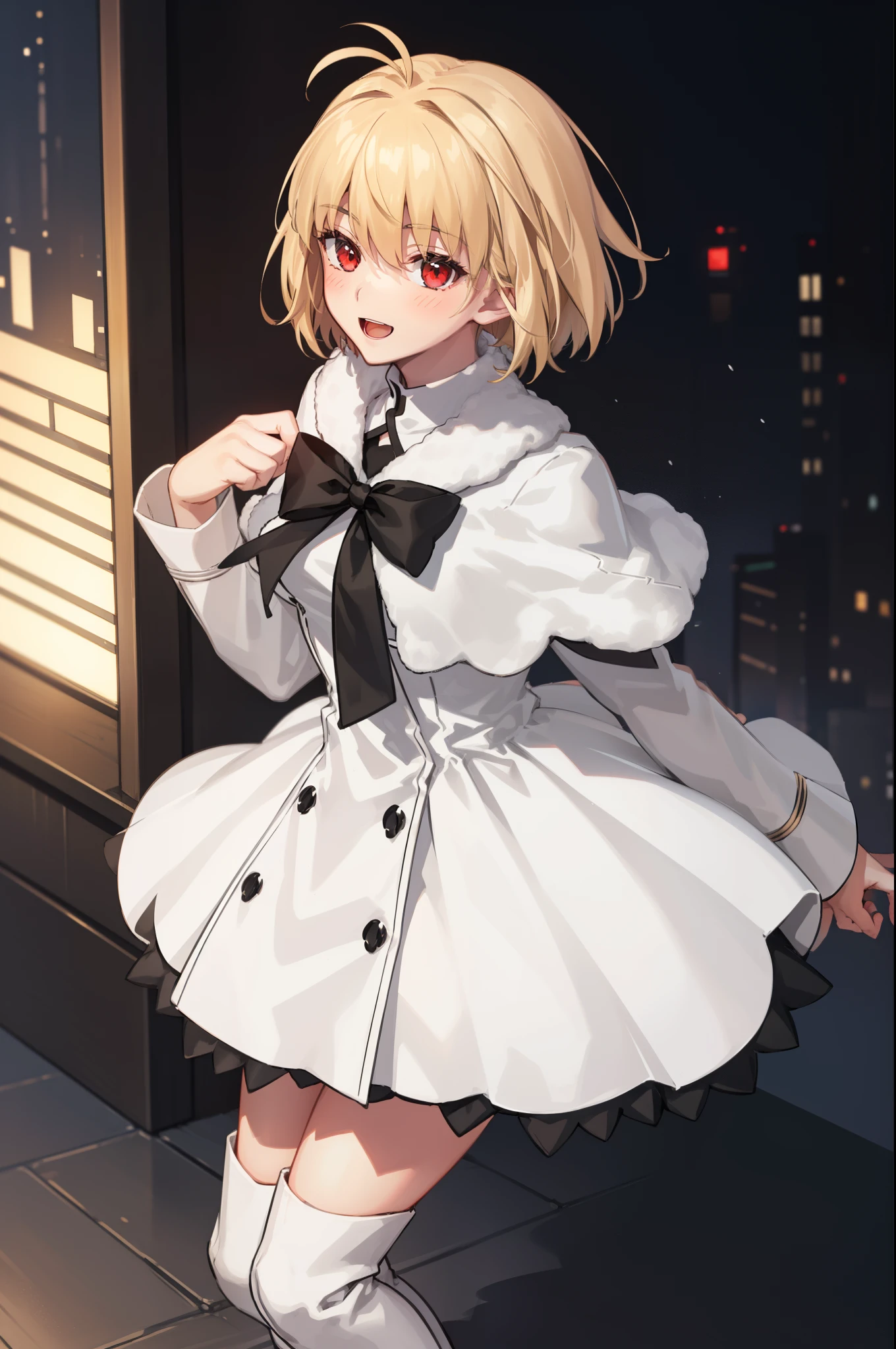 arcueid \(tsukihime\), ((1girl:1.5)), (((solo:1.5))),arms behind back, black bowtie, blush, buttons, white fur capelet, dress, fur trim, looking at viewer, open mouth, smile, solo, vampire, white dress, bokeh, long sleeves, :d, blurry, blurry background, boots, thigh boots, arcueid \(coat\), 2hands, accurate fingers, loish hand, extreme hand detail, normal hands, with fingers, accurate hands, 2thumb,