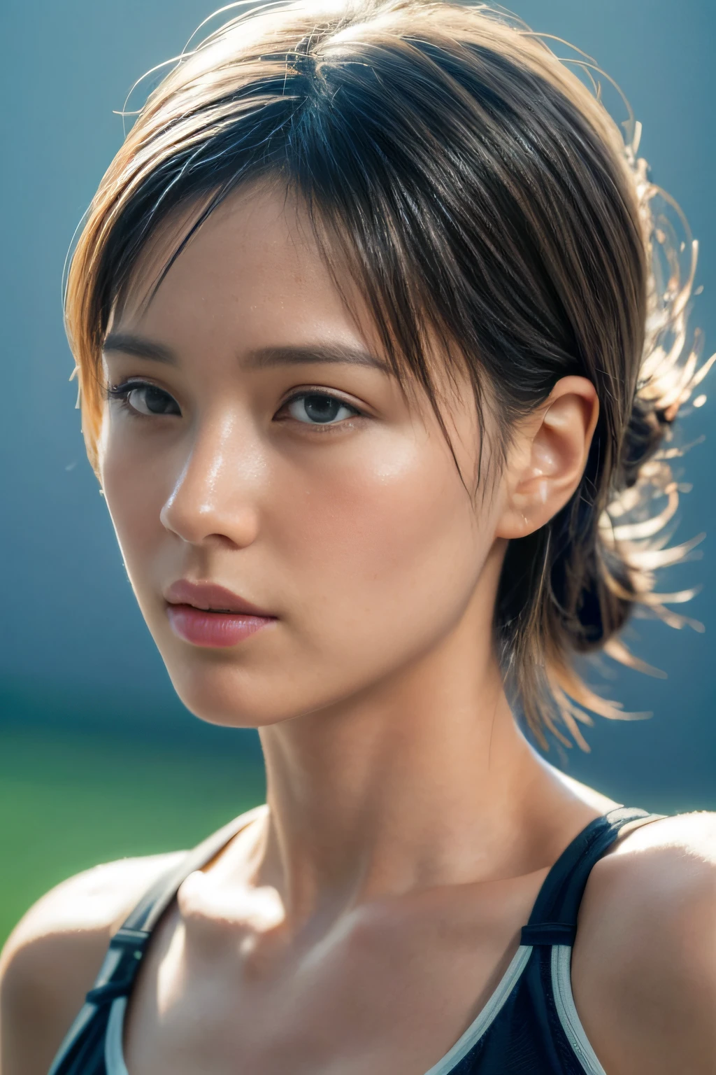 Sportsbra、(Photorealsitic:1.4)、(hyper realisitic:1.4)、(realisitic:1.3)、(Smooth lighting:1.05)、(Improved lighting quality in movies:0.9)、32K、1girl in、20 years girl、Realistic lighting、Back lighting、Facial light、raytrace、(brightened light:1.2)、(enhanced quality:1.4)、(Top quality real texture skins:1.4)、finely eye、finerly detailed face、Fine quality eye、(Tired, sleepy and satisfied:0.0)、 close up of face、、(enhance body line mood:1.1)、(Increase the beauty of skin texture:1.1)