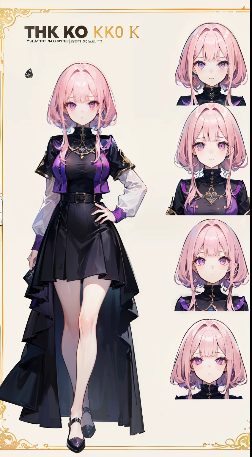 (((8K,top-quality)))ung girl, character sheets, concept-art, full body Esbian, (masterpiece:1.2), (Top image quality:1.3), 1girl in, is standing, length hair,Adulterous demons,Light pink hair,purple eyes arrive,obscene stamp