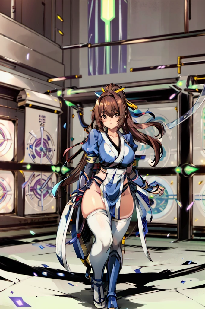 (masterpiece, best quality:1.3)
KasumiDOA, 1girl, solo, long hair, breasts, looking at viewer, bangs, large breasts, brown hair, thighhighs, dress, ribbon, cleavage, brown eyes, medium breasts, underwear, standing, panties, hair ribbon, braid, short sleeves, cowboy shot, japanese clothes, puffy sleeves, white thighhighs, puffy short sleeves, lips, sash, pelvic curtain, yellow ribbon, realistic, nose, arm guards, kote,hypnoLora,
empty eyes,Upright Pose,(Inside a futuristic and complex laboratory:1.6),(hands and feet tied to machines)