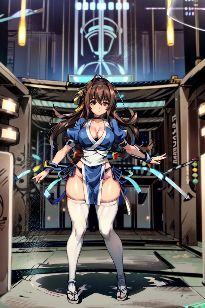 (masterpiece, best quality:1.3)
KasumiDOA, 1girl, solo, long hair, breasts, looking at viewer, bangs, large breasts, brown hair, thighhighs, dress, ribbon, cleavage, brown eyes, medium breasts, underwear, standing, panties, hair ribbon, braid, short sleeves, cowboy shot, japanese clothes, puffy sleeves, white thighhighs, puffy short sleeves, lips, sash, pelvic curtain, yellow ribbon, realistic, nose, arm guards, kote,hypnoLora,
empty eyes,Upright Pose,(Inside a futuristic and complex laboratory:1.6),hands and feet tied to machines
