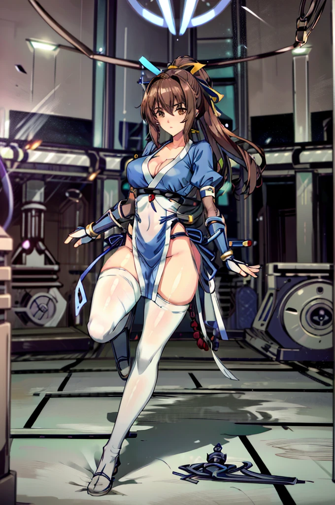 (masterpiece, best quality:1.3)
KasumiDOA, 1girl, solo, long hair, breasts, looking at viewer, bangs, large breasts, brown hair, thighhighs, dress, ribbon, cleavage, brown eyes, medium breasts, underwear, standing, panties, hair ribbon, braid, short sleeves, cowboy shot, japanese clothes, puffy sleeves, white thighhighs, puffy short sleeves, lips, sash, pelvic curtain, yellow ribbon, realistic, nose, arm guards, kote,hypnoLora,
empty eyes,Upright Pose,(Inside a futuristic and complex laboratory:1.6),(hands and feet tied to machines)