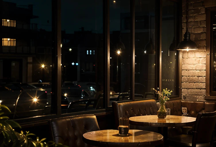 Cafe, Aesthetic cafe, Inside the cafe, View from inside the cafe, Outside the cafe at night, Bright lights, Very detailed cafe, Quiet and calm atmosphere, Landscape,