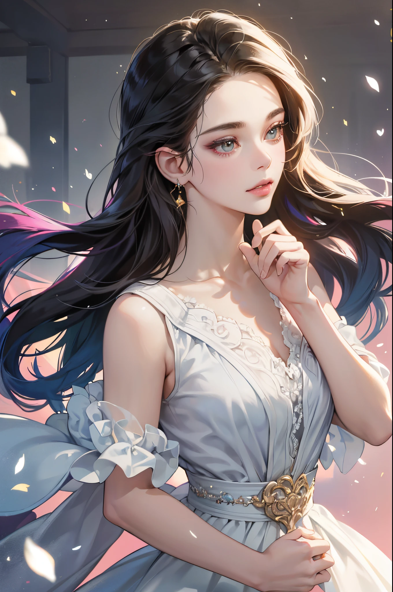 (detailed lips), (realistically:1.37), (Vibrant colors), (Studio lighting), (Focus sharp), (HighDynamicRange), (bokeh), (to contrast), (k hd:1.2), (Elegant), (gracefulness), (youthful), (posh), (sparkle eyes), (Radiant), (serene), (glowing), (like a dream), (dynamic), (gorgeous one), (sensitive), (drastic), (Complex), (everlasting), (Exquisite), (mistic), (Ethereal), (mistic), (flawless perfection), (Interesting), (unique), (tmasterpiece), (A high resolution), (Best quality, 4K, 8K), Alone, 18yo Girl.
