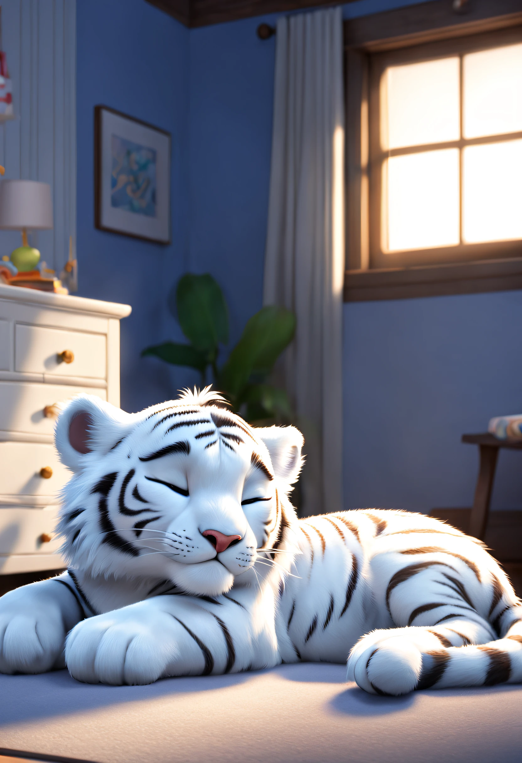 Produced by Pixar,wallpaper hd,Very unified CG scenes,(Little white tiger is sleeping),Background with:Bedrooms